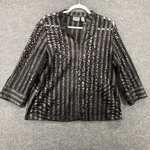 Chicos‎ Travelers Blouse Top 2 Womens L Black Sheer Full Zip 3/4 Sleeve Ladies